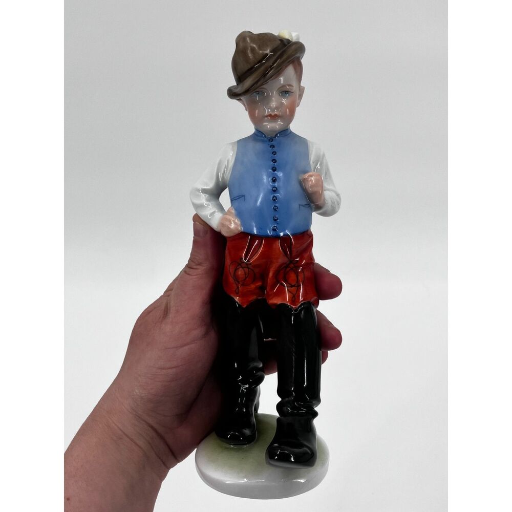 Herend Porcelain Boy Figurine Big Boots, Made in Hungary, Stamped, Handpainted